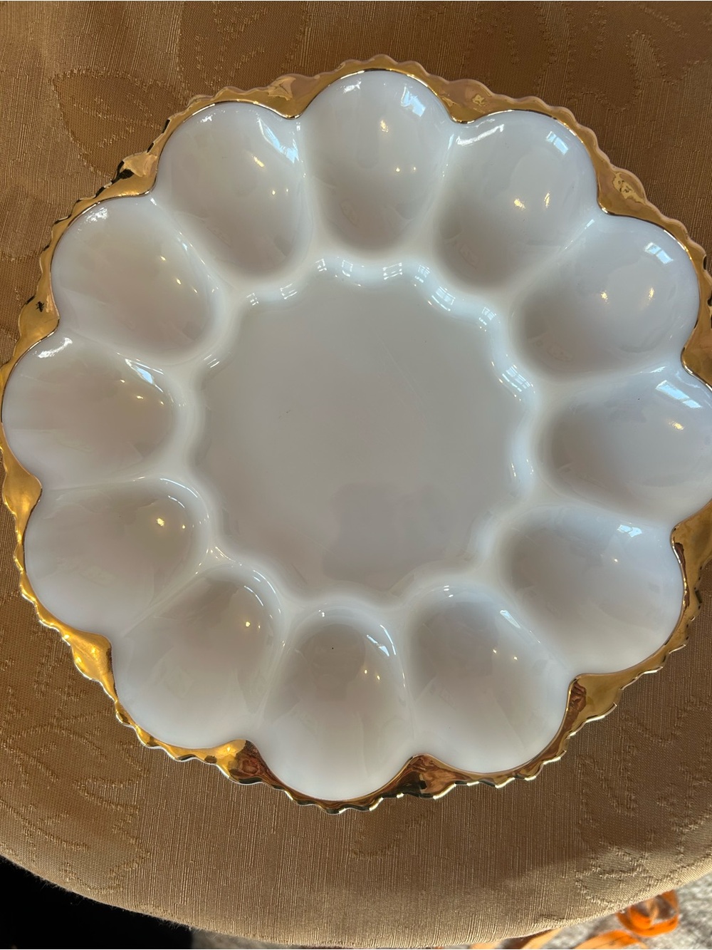 Anchor Hocking DEVILED EGG Plate Milk Glass 22K GOLD TRIMMED